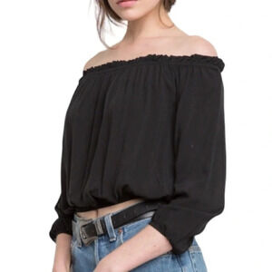 BRANDY MELVILLE Off The Shoulder Crop Peasant Top Black Elastic Waist Boho OS